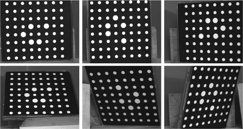 
   
    Figure 9: Example of a 6-image sequence of a calibration target composed of 64 circular patches used for the calibration of a camera
   
  